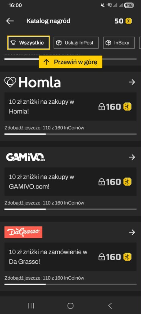 Przykładowe nagrody za InCoiny w aplikacji InPost